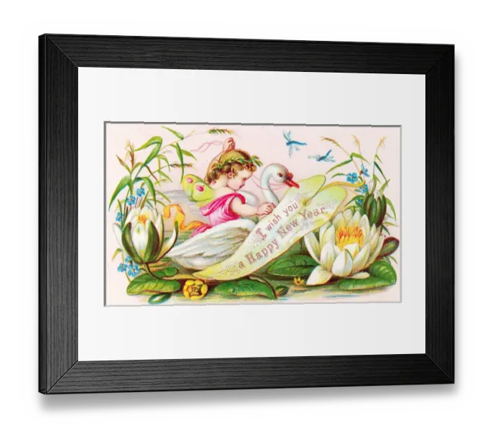 Framed Print : Cherub riding a swan on a New Year card Framed Print : Cherub riding a swan on a New Year card