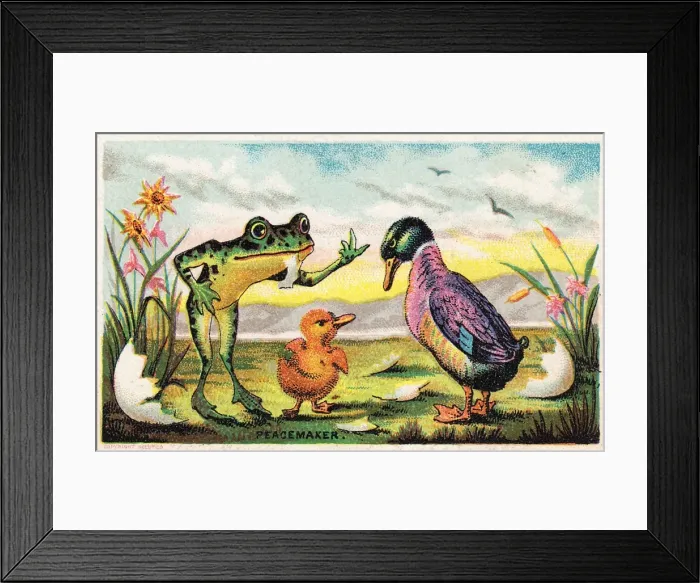 Framed Print : Duck, frog and duckling on a comic card Framed Print : Duck, frog and duckling on a comic card