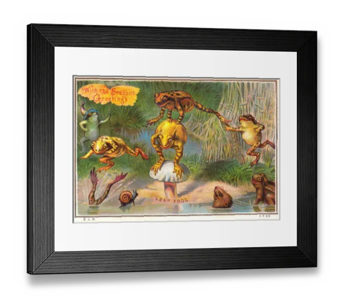 Framed Print : Frogs playing leapfrog on a Christmas card Framed Print : Frogs playing leapfrog on a Christmas card