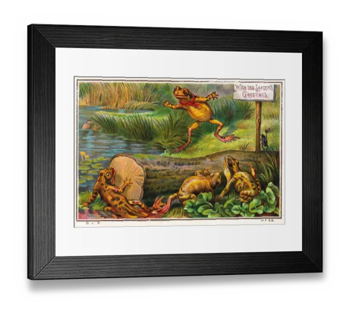 Framed Print : Frogs playing hide and seek on a Christmas card Framed Print : Frogs playing hide and seek on a Christmas card