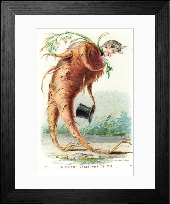 Framed Print : Humanised parsnip on a Christmas card Framed Print : Humanised parsnip on a Christmas card