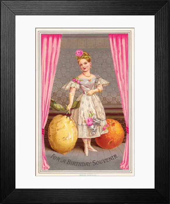 Framed Print : Lady with giant lemon and orange on a birthday card Framed Print : Lady with giant lemon and orange on a birthday card