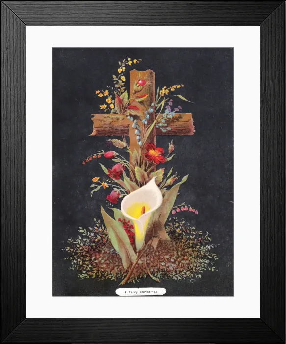 Framed Print : Arrangement of flowers around a cross on a Christmas card Framed Print : Arrangement of flowers around a cross on a Christmas card