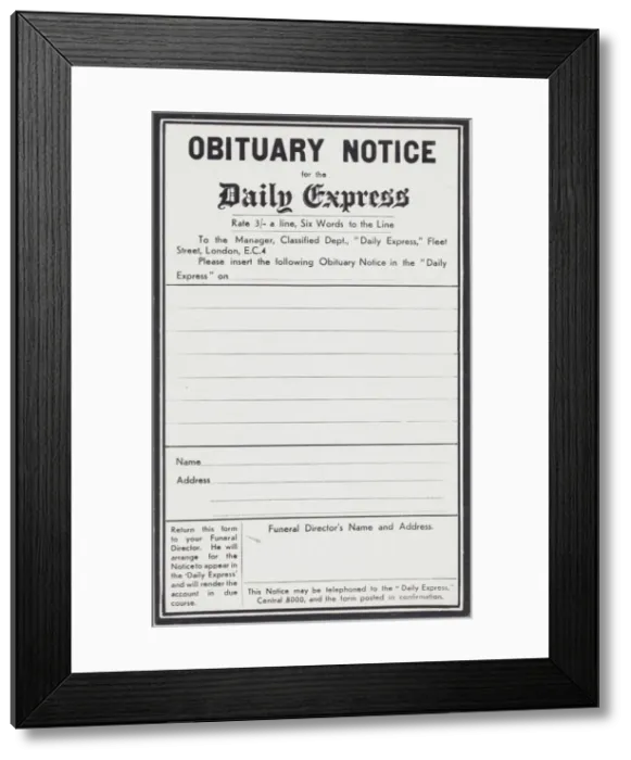 Framed Print : Obituary notice form, Daily Express newspaper, London Framed Print : Obituary notice form, Daily Express newspaper, London