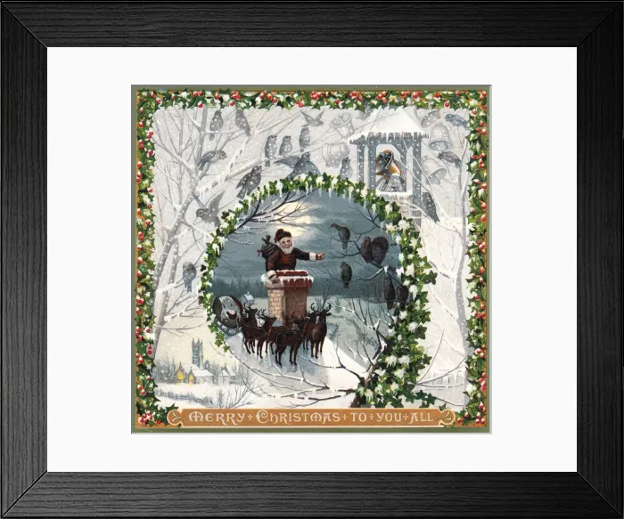 Framed Print : Santa Claus with reindeer on a Christmas card Framed Print : Santa Claus with reindeer on a Christmas card