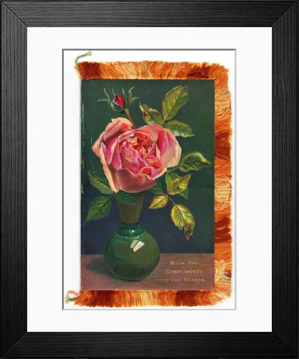 Framed Print : Pink rose on a Christmas card with fringe Framed Print : Pink rose on a Christmas card with fringe