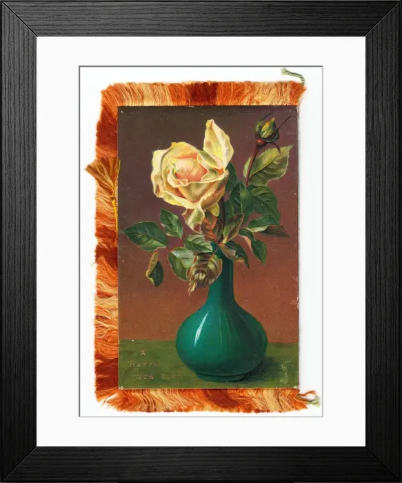 Framed Print : Yellow rose on a New Year card with fringe Framed Print : Yellow rose on a New Year card with fringe