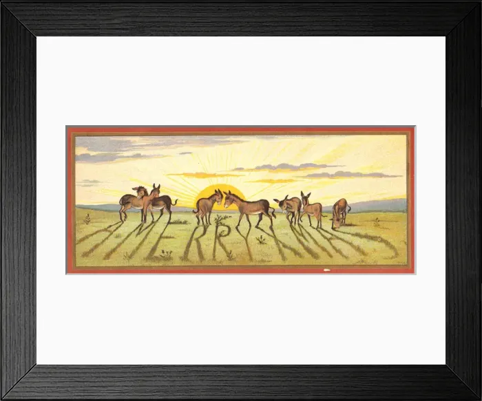 Framed Print : Donkeys in a field on a Christmas card Framed Print : Donkeys in a field on a Christmas card
