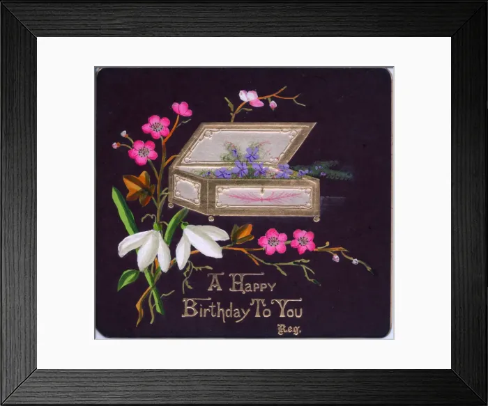 Framed Print : Flowers and a box on a birthday card Framed Print : Flowers and a box on a birthday card