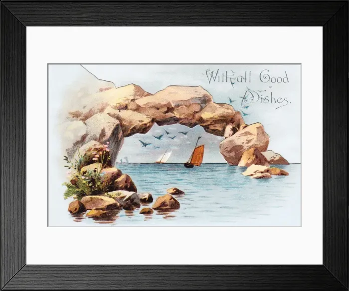 Framed Print : Seascape with rocks and sailing boats on a greetings card Framed Print : Seascape with rocks and sailing boats on a greetings card