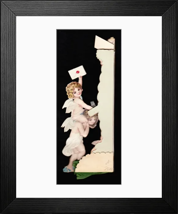 Framed Print : Cherubs posting letter on a Christmas card Framed Print : Cherubs posting letter on a Christmas card