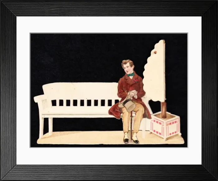 Framed Print : Young man sitting on a bench on a greetings card Framed Print : Young man sitting on a bench on a greetings card