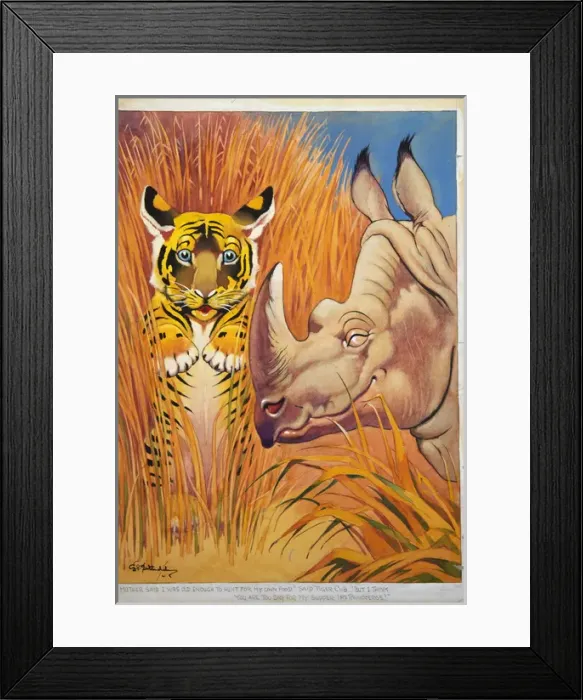 Framed Print : George Ernest Studdy, tiger cub and rhinoceros Framed Print : George Ernest Studdy, tiger cub and rhinoceros