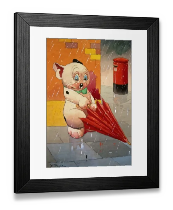Framed Print : George Ernest Studdy, Bonzo in the rain with red umbrella Framed Print : George Ernest Studdy, Bonzo in the rain with red umbrella