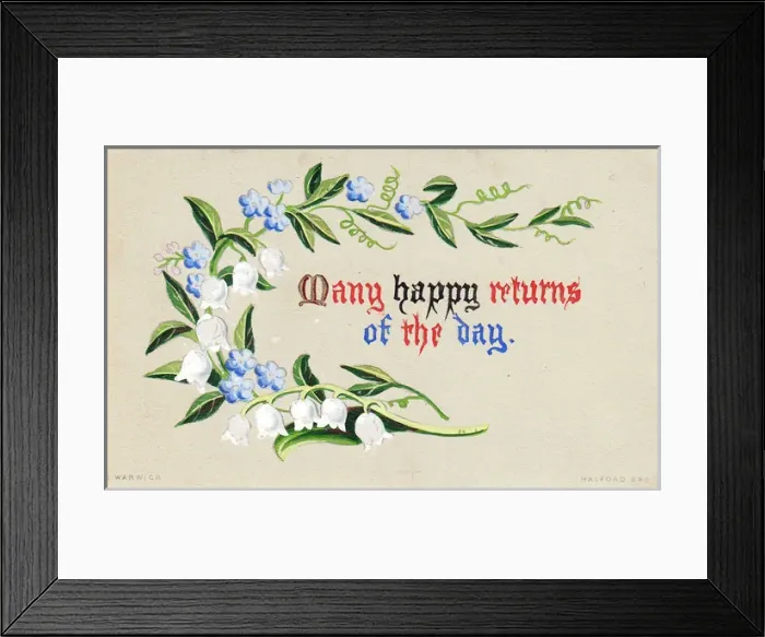 Framed Print : White and blue flowers on a hand-coloured birthday card Framed Print : White and blue flowers on a hand-coloured birthday card