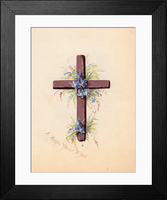 Framed Print : Blue flowers and cross on a hand-coloured Christmas card Framed Print : Blue flowers and cross on a hand-coloured Christmas card