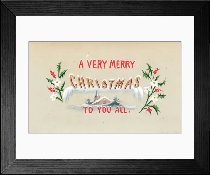 Framed Print : Holly and a church on a hand-coloured Christmas card Framed Print : Holly and a church on a hand-coloured Christmas card