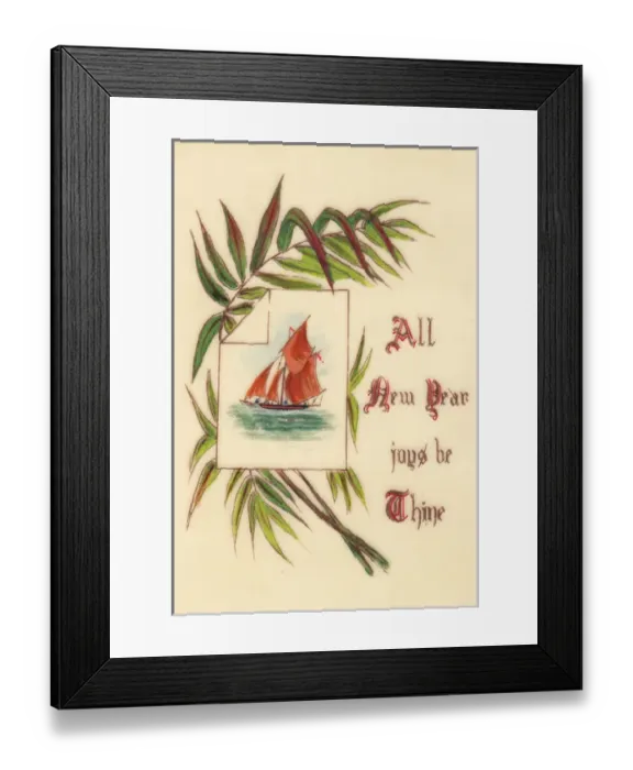 Framed Print : Sailing ship and leaves on a hand-coloured New Year card Framed Print : Sailing ship and leaves on a hand-coloured New Year card