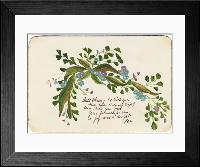 Framed Print : Blue and mauve flowers on a hand-coloured card Framed Print : Blue and mauve flowers on a hand-coloured card