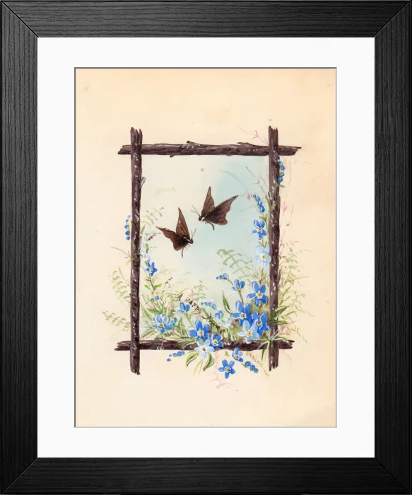 Framed Print : Blue flowers on a hand-coloured Christmas card Framed Print : Blue flowers on a hand-coloured Christmas card