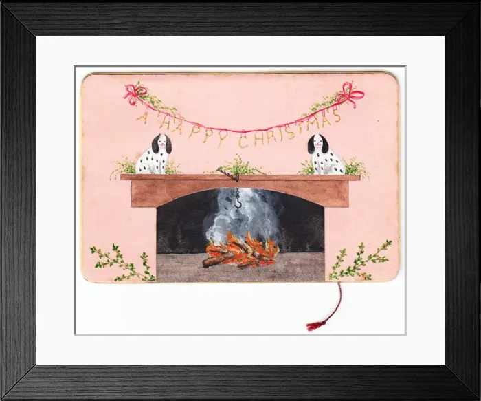 Framed Print : Christmas card with dogs and fireplace Framed Print : Christmas card with dogs and fireplace