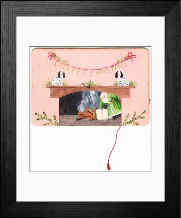 Framed Print : Christmas card with dogs and fireplace Framed Print : Christmas card with dogs and fireplace