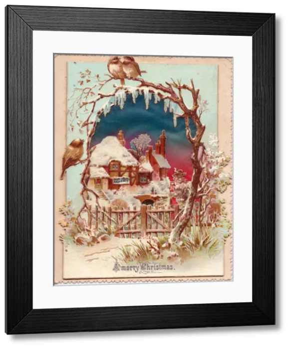 Framed Print : Snow scene with birds and cottage on a Christmas card Framed Print : Snow scene with birds and cottage on a Christmas card