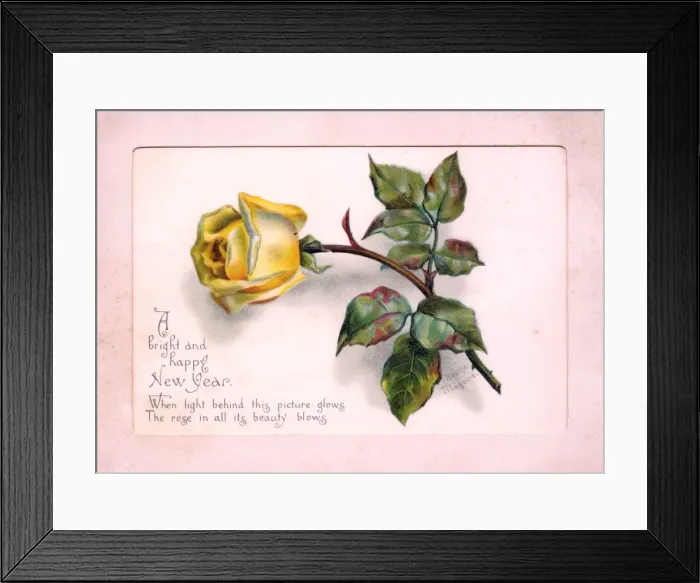 Framed Print : Yellow rose on a New Year card Framed Print : Yellow rose on a New Year card