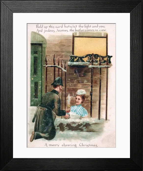Framed Print : Policeman and housemaid on a comic Christmas card Framed Print : Policeman and housemaid on a comic Christmas card
