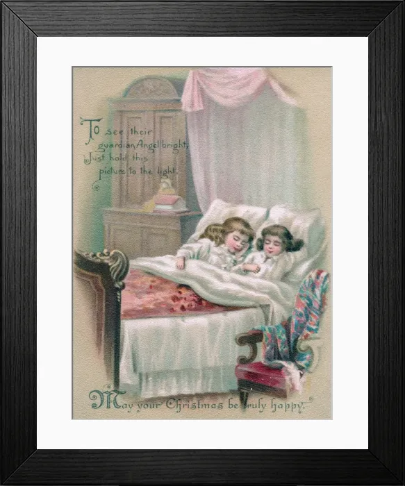 Framed Print : Two little girls asleep on a Christmas card Framed Print : Two little girls asleep on a Christmas card