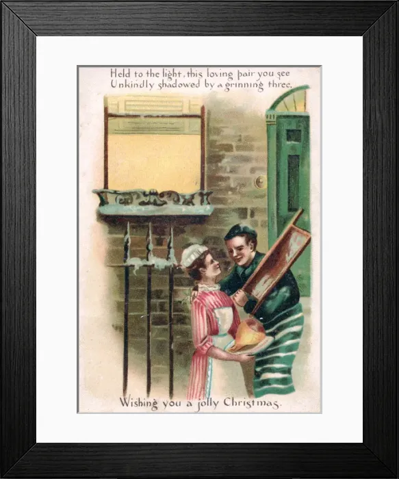 Framed Print : Butchers boy and housemaid on a comic Christmas card Framed Print : Butchers boy and housemaid on a comic Christmas card