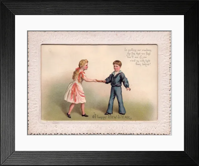 Framed Print : Boy and girl pulling cracker on a New Year card Framed Print : Boy and girl pulling cracker on a New Year card