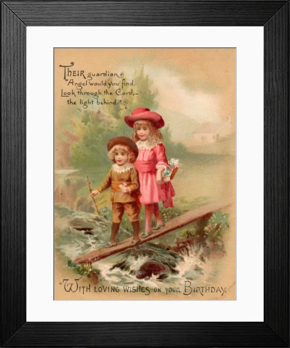 Framed Print : Girl and boy crossing a stream on a birthday card