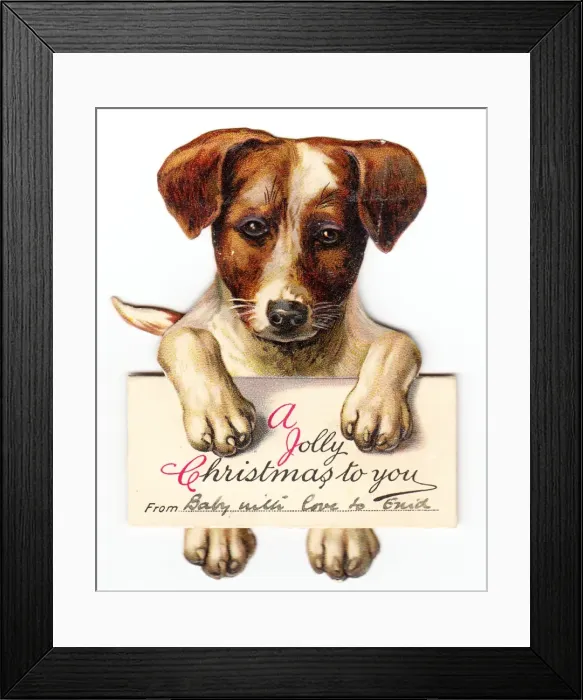 Framed Print : Cute puppy on a cutout Christmas card Framed Print : Cute puppy on a cutout Christmas card