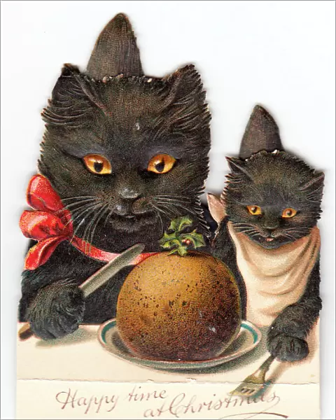 Cat and kitten with pudding on a cutout Christmas card