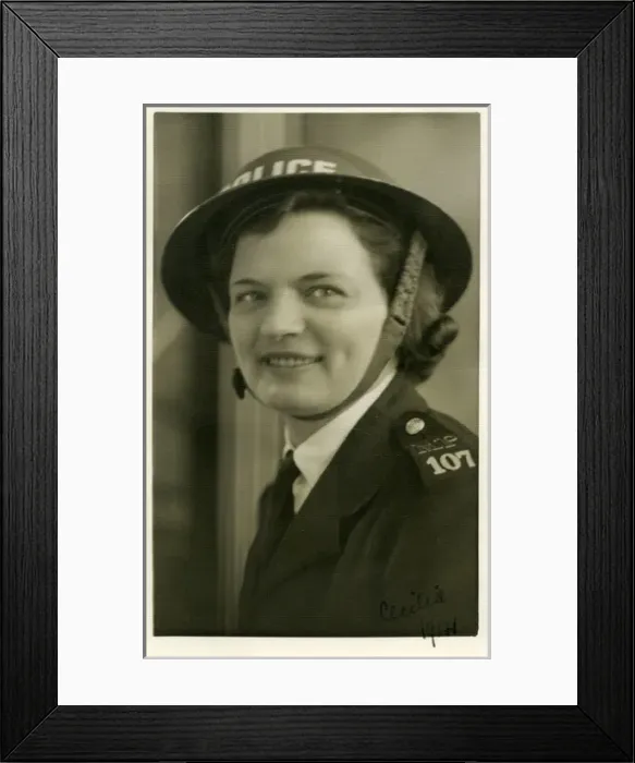 Framed Print : Woman police officer in air raid helmet, London, WW2 Framed Print : Woman police officer in air raid helmet, London, WW2
