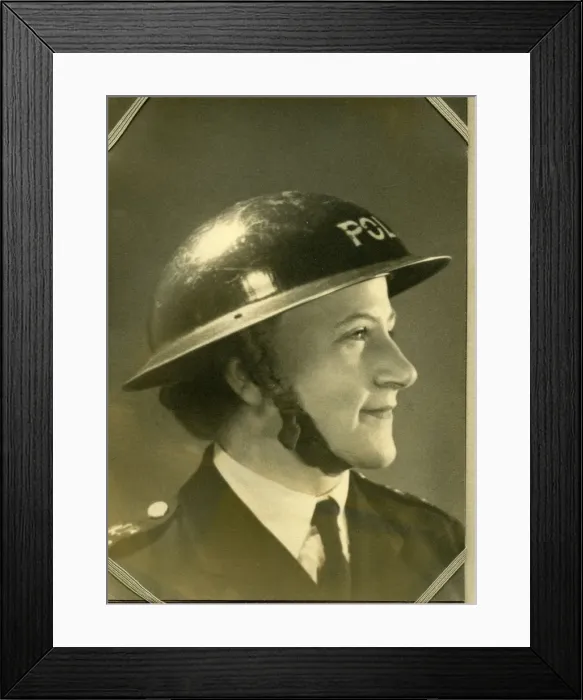Framed Print : Woman police officer in air raid helmet, London, WW2 Framed Print : Woman police officer in air raid helmet, London, WW2