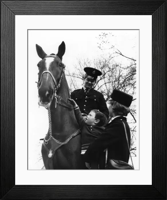 Framed Print : Police officer on horseback, WPC and little boy, London Framed Print : Police officer on horseback, WPC and little boy, London