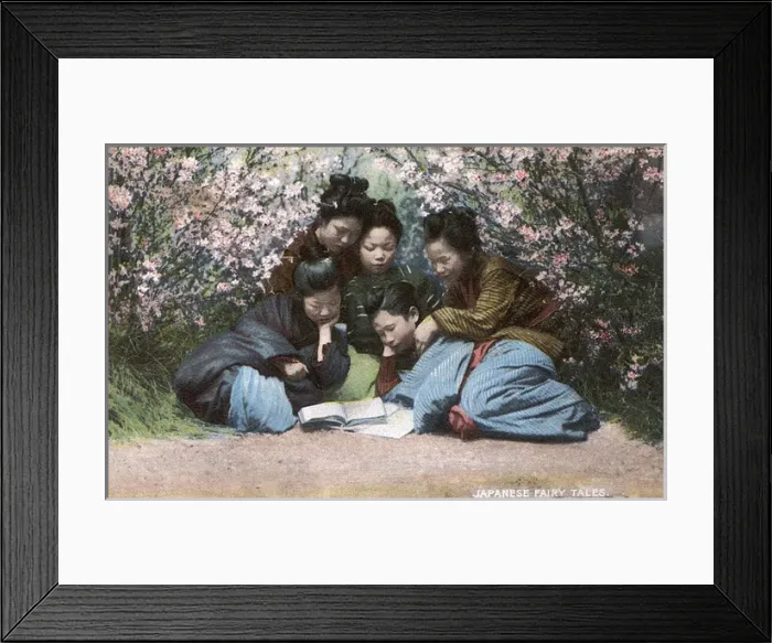 Framed Print : Five Japanese girls reading a Fairy Tale amid the blossom Framed Print : Five Japanese girls reading a Fairy Tale amid the blossom