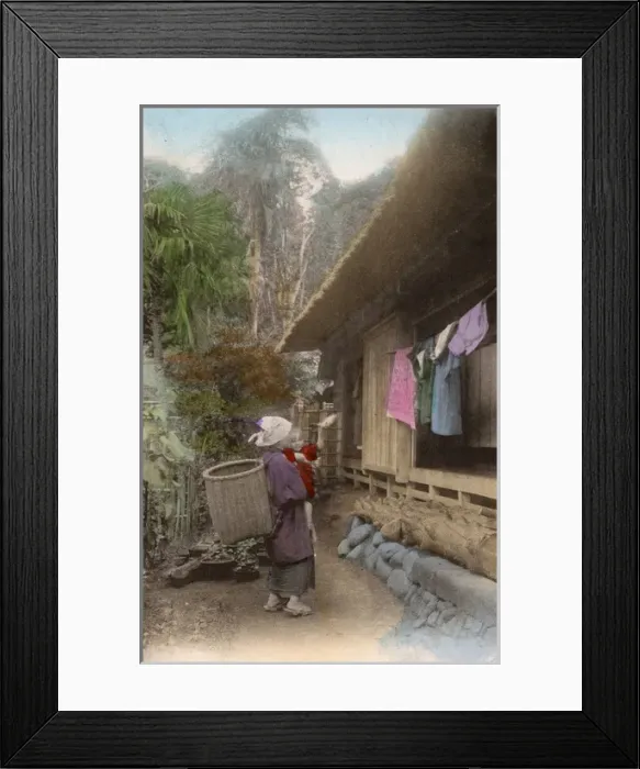 Framed Print : Japan - Mother and young child outside wooden home Framed Print : Japan - Mother and young child outside wooden home