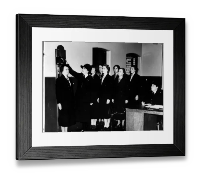 Framed Print : Policewomen recruits measured for height, London Framed Print : Policewomen recruits measured for height, London