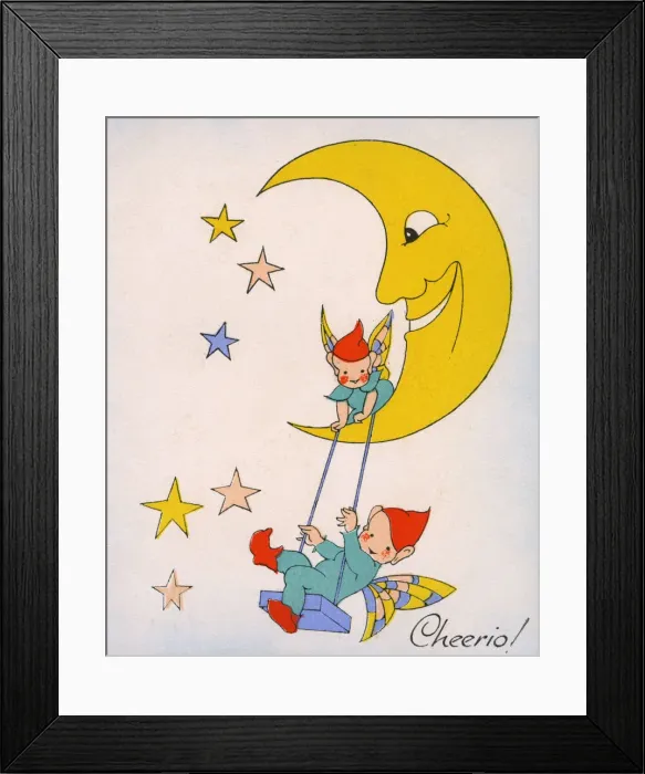 Framed Print : Cheerio - Moon and pixies greetings card Framed Print : Cheerio - Moon and pixies greetings card