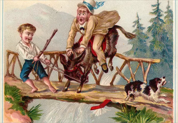 Man on a donkey on a bridge on a New Year card