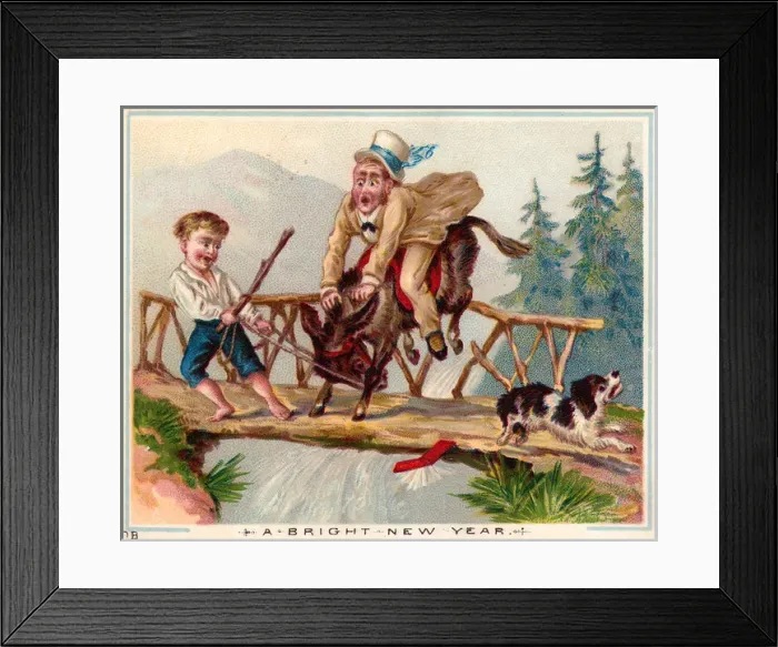 Framed Print : Man on a donkey on a bridge on a New Year card Framed Print : Man on a donkey on a bridge on a New Year card
