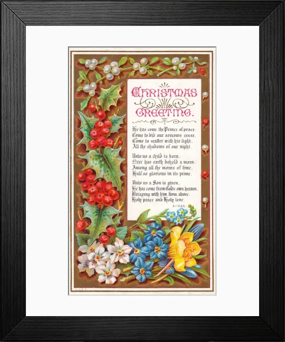 Framed Print : Holly, mistletoe and flowers on a Christmas card Framed Print : Holly, mistletoe and flowers on a Christmas card