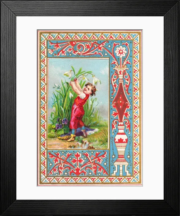Framed Print : Little boy in a garden on an ornate greetings card Framed Print : Little boy in a garden on an ornate greetings card