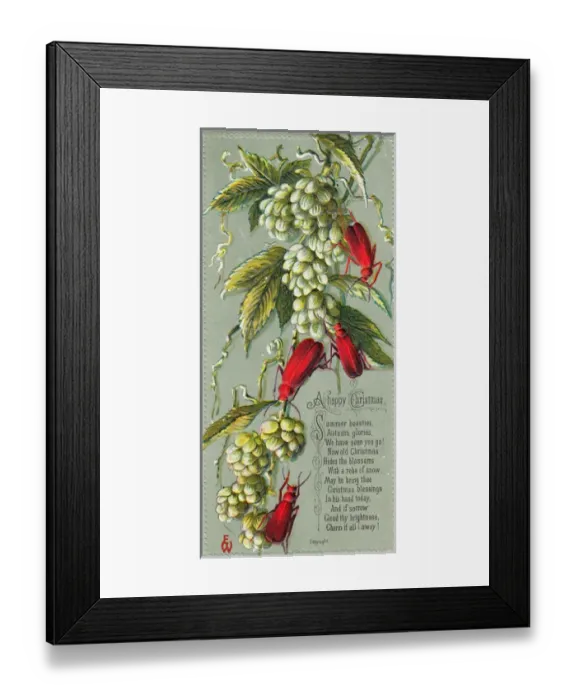 Framed Print : Green leaves and red beetles on a Christmas card Framed Print : Green leaves and red beetles on a Christmas card
