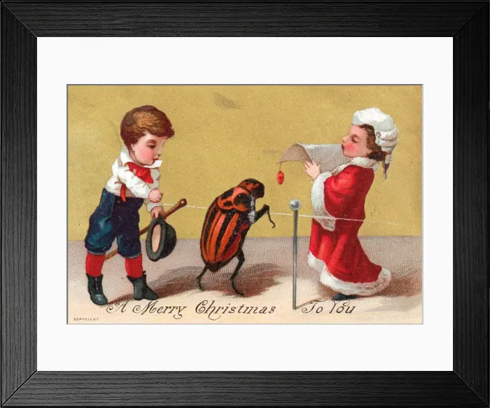 Framed Print : Boy and girl with large ladybird on a Christmas card Framed Print : Boy and girl with large ladybird on a Christmas card