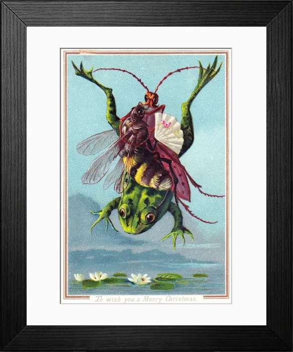Framed Print : Insects riding on a frog on a Christmas card Framed Print : Insects riding on a frog on a Christmas card