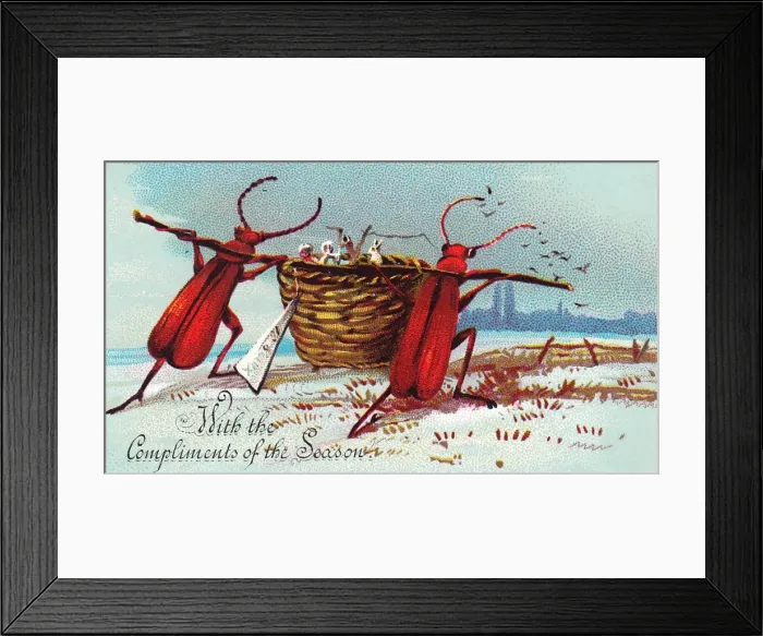 Framed Print : Beetles carrying presents on a Christmas card Framed Print : Beetles carrying presents on a Christmas card